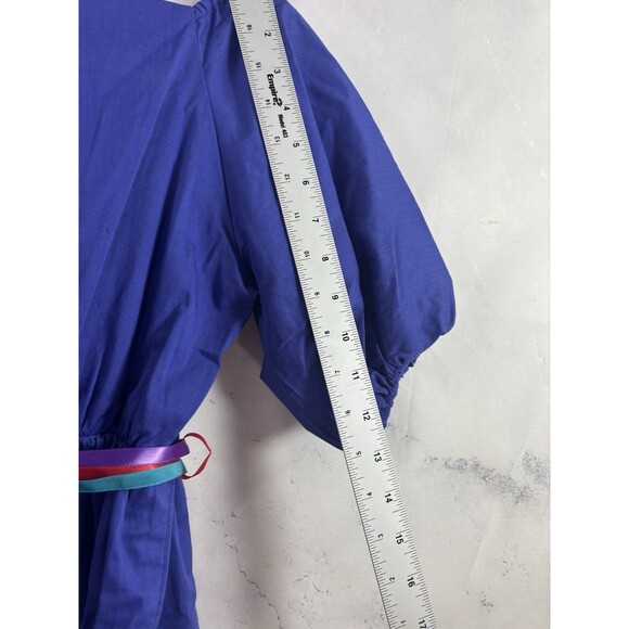 Vintage 70s Prairie Dress Kids Girls Sz 10 cottagecore Folk Blue Novelty Ribbon - Picture 7 of 16